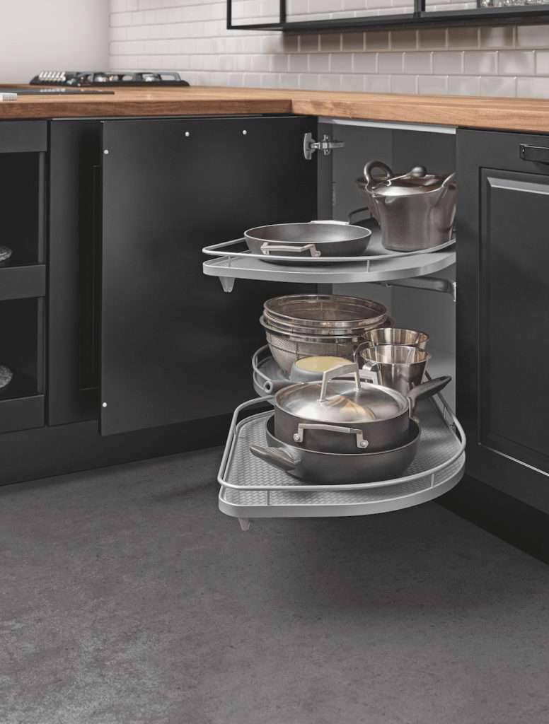 Tempo collection cabinet detail featuring easy-access pull out shelving